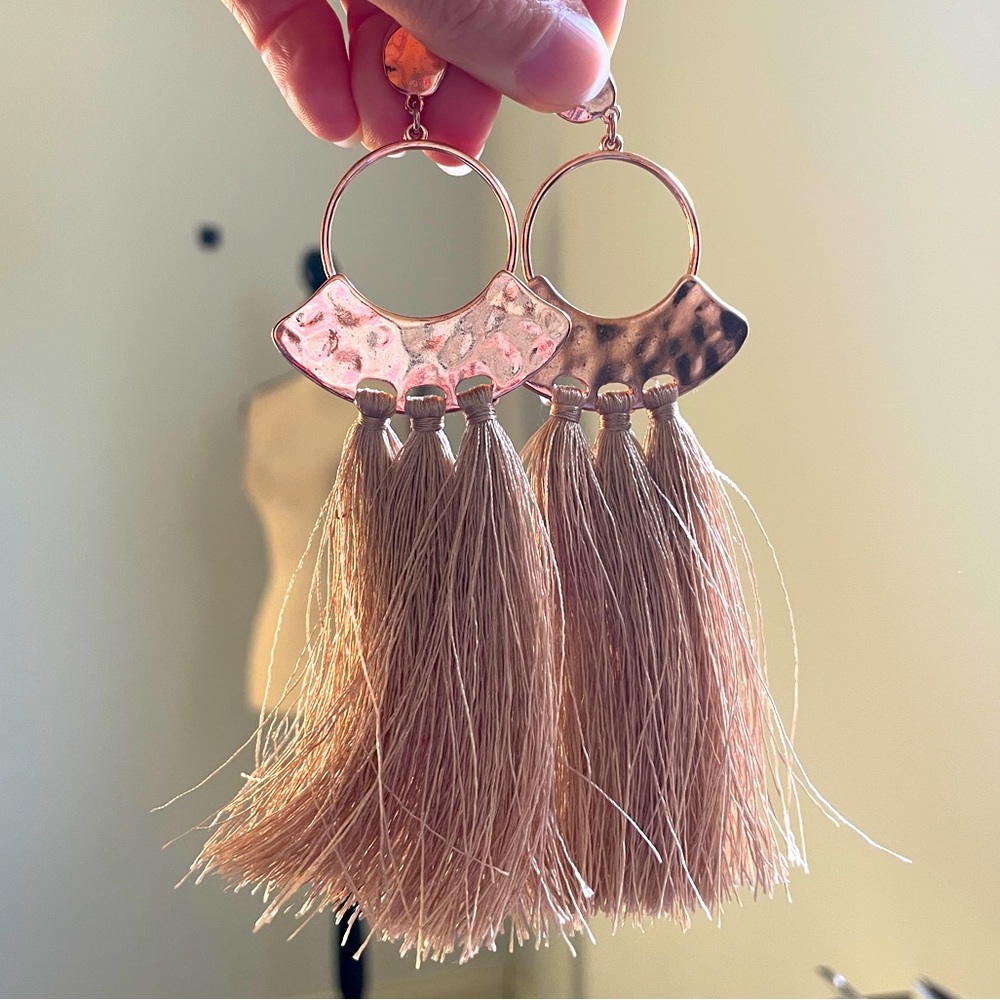 Rose Gold Hammered Metal Earrings Long Champagne Tassel Drop Statement Boho Chic